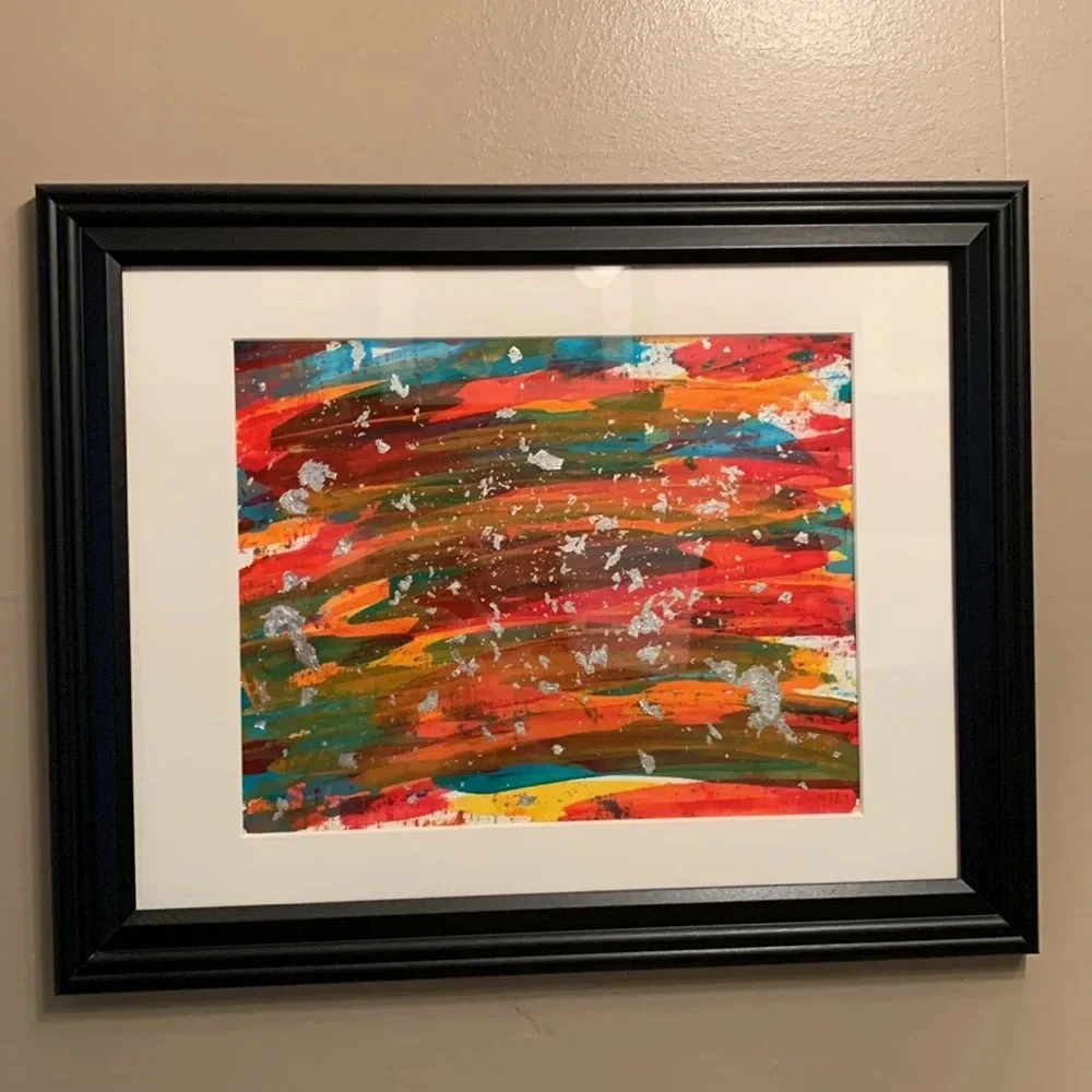 Red, olive, teal, yellow & orange ORIGINAL 9x12